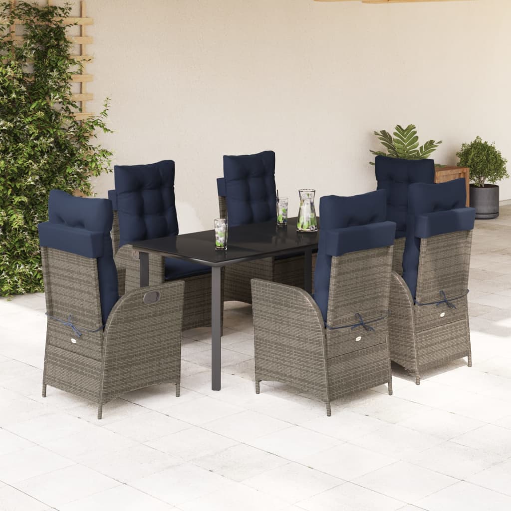 vidaXL 7 Piece Patio Dining Set with Cushions Gray Poly Rattan