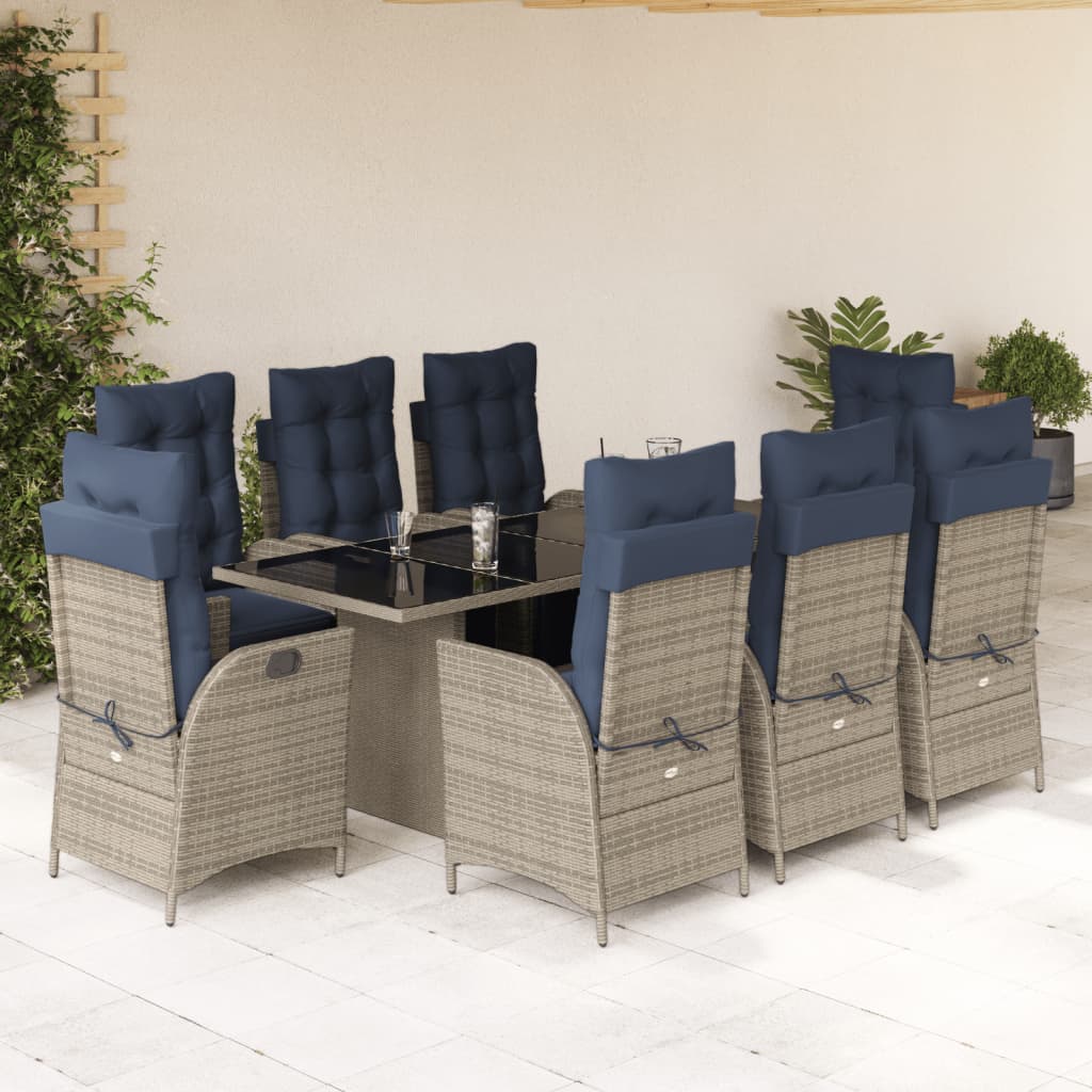 vidaXL 9 Piece Patio Dining Set with Cushions Gray Poly Rattan