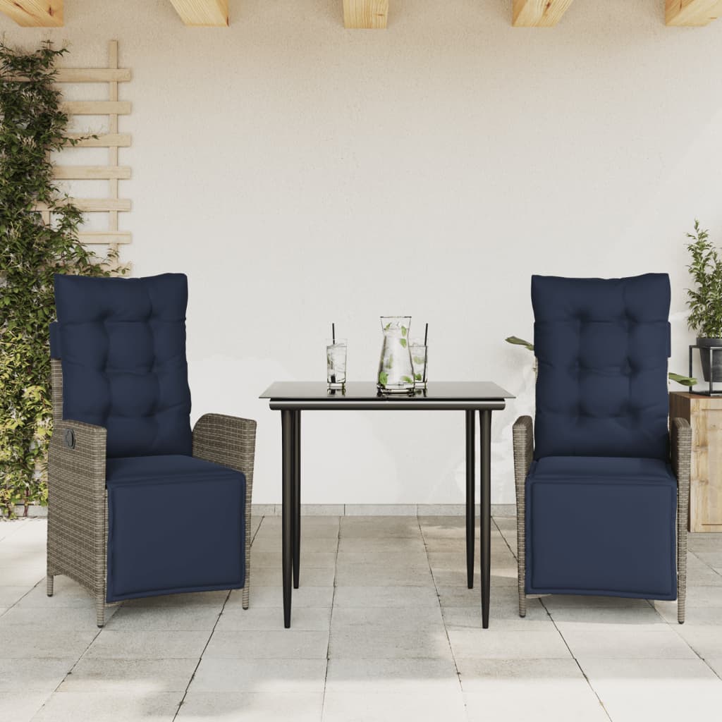 vidaXL 3 Piece Patio Dining Set with Cushions Gray Poly Rattan