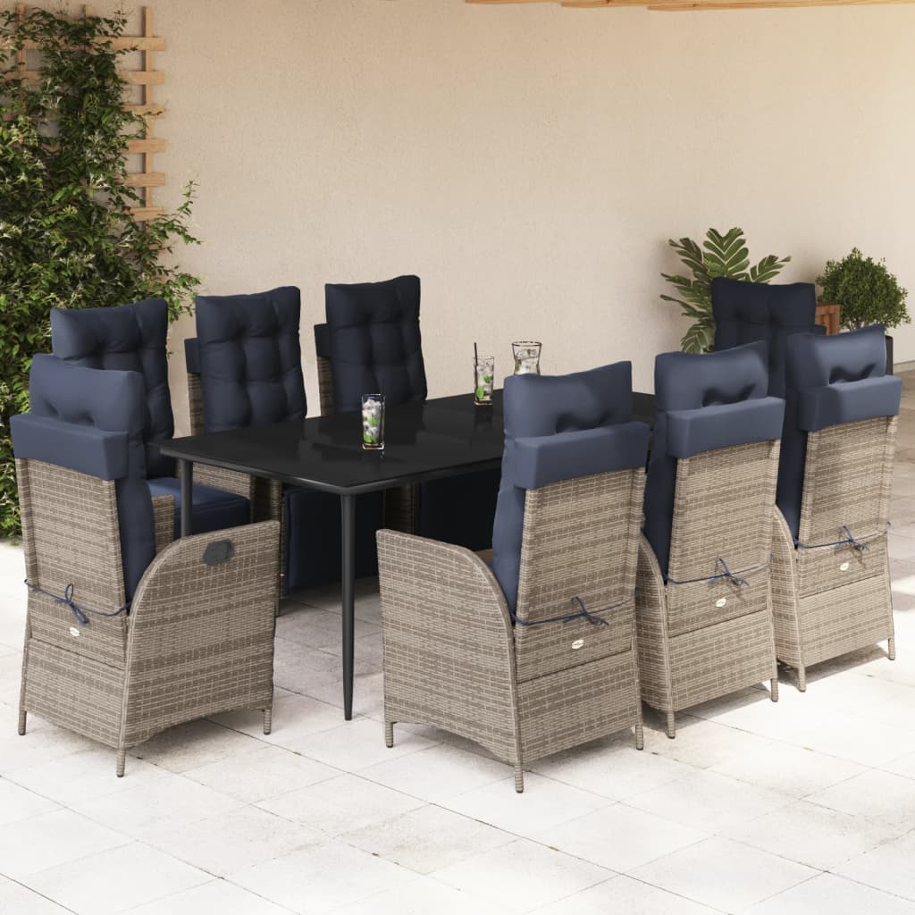 vidaXL 9 Piece Patio Dining Set with Cushions Gray Poly Rattan