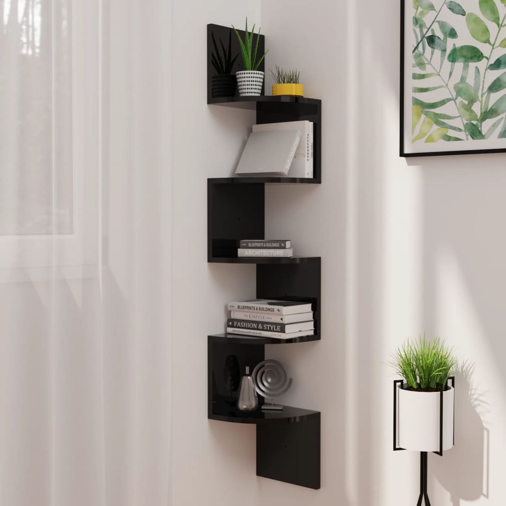 vidaXL Wall Corner Shelf High Gloss Black 7.5"x7.5"x48.4" Engineered Wood