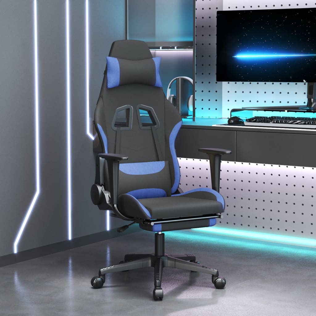 vidaXL Massage Gaming Chair with Footrest Black and Blue Fabric