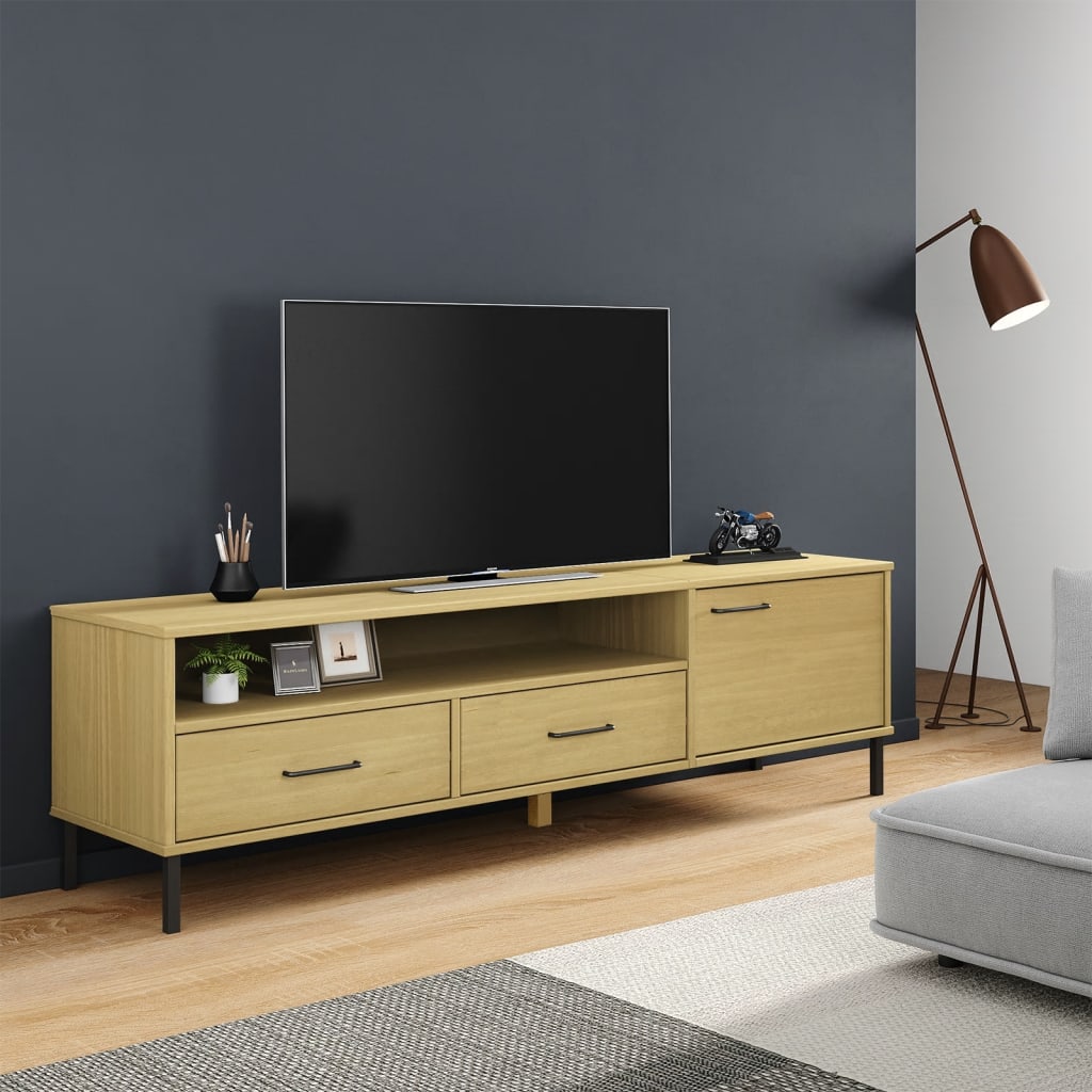 vidaXL TV Stand with Metal Legs Brown Solid Wood Pine OSLO