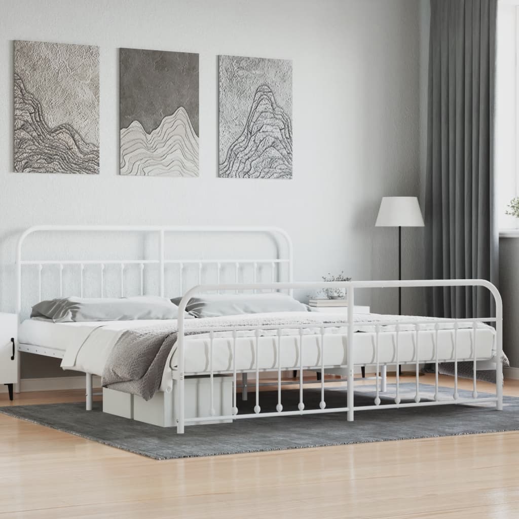 vidaXL Metal Bed Frame with Headboard and Footboard White 76"x79.9" King