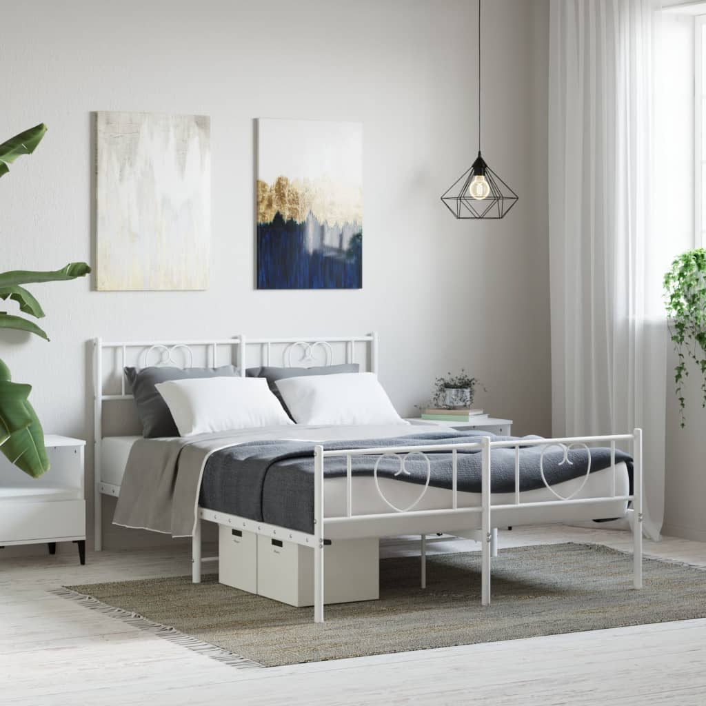 vidaXL Metal Bed Frame with Headboard and Footboard White 53.1"x74.8"