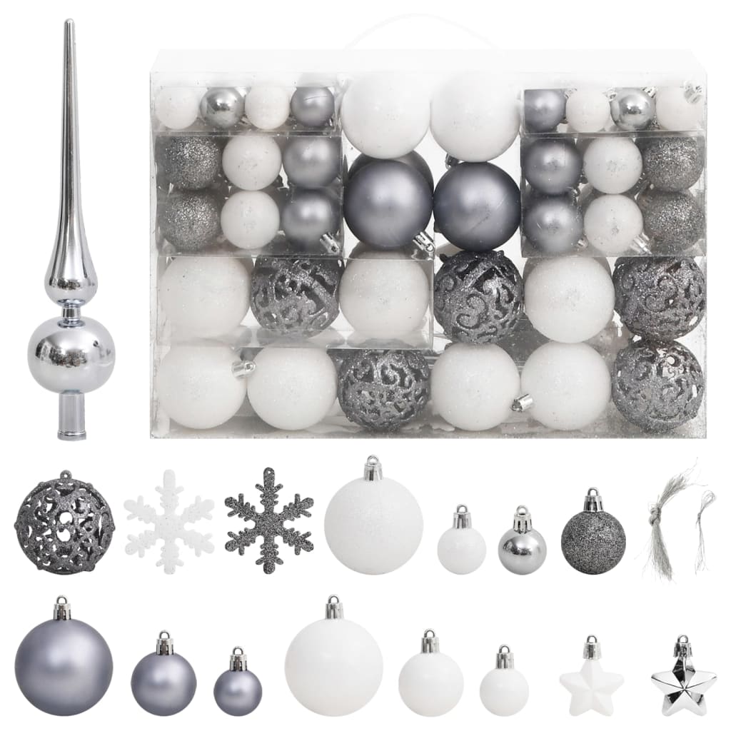 vidaXL 111 Piece Christmas Bauble Set White and Gray Polystyrene