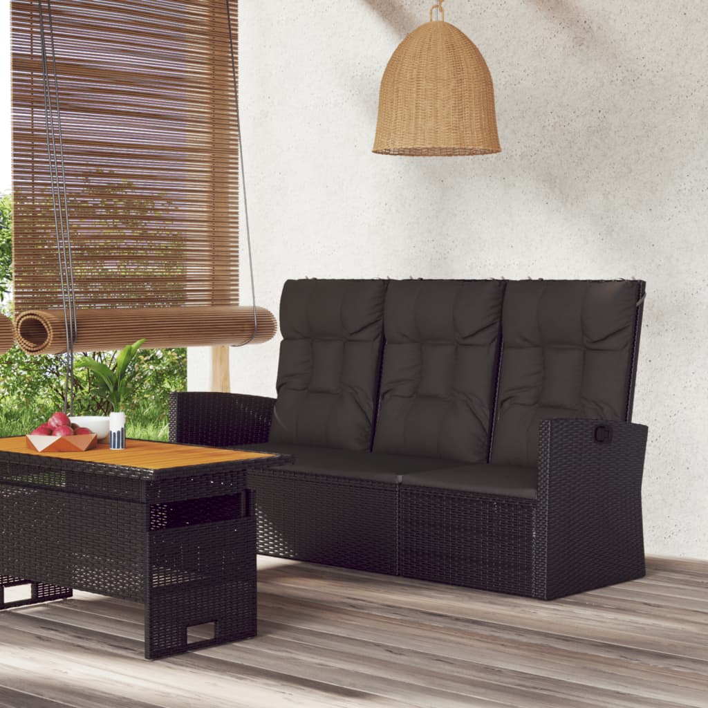 vidaXL Reclining Patio Bench with Cushions Black 68.1" Poly rattan