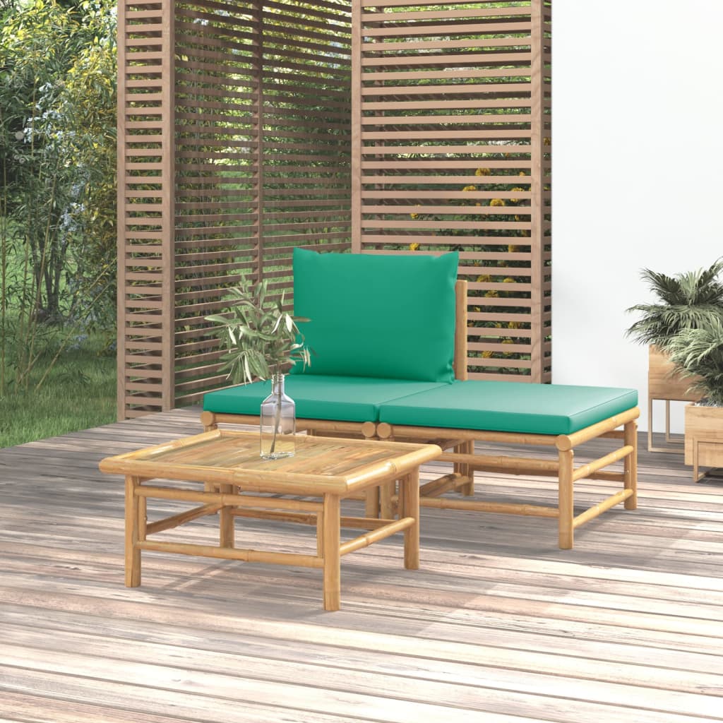 vidaXL 3 Piece Patio Lounge Set with Green Cushions Bamboo