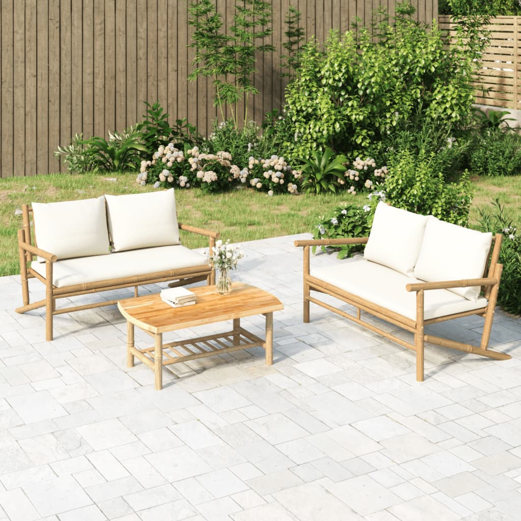 vidaXL 2 Piece Patio Lounge Set with Cream White Cushions Bamboo