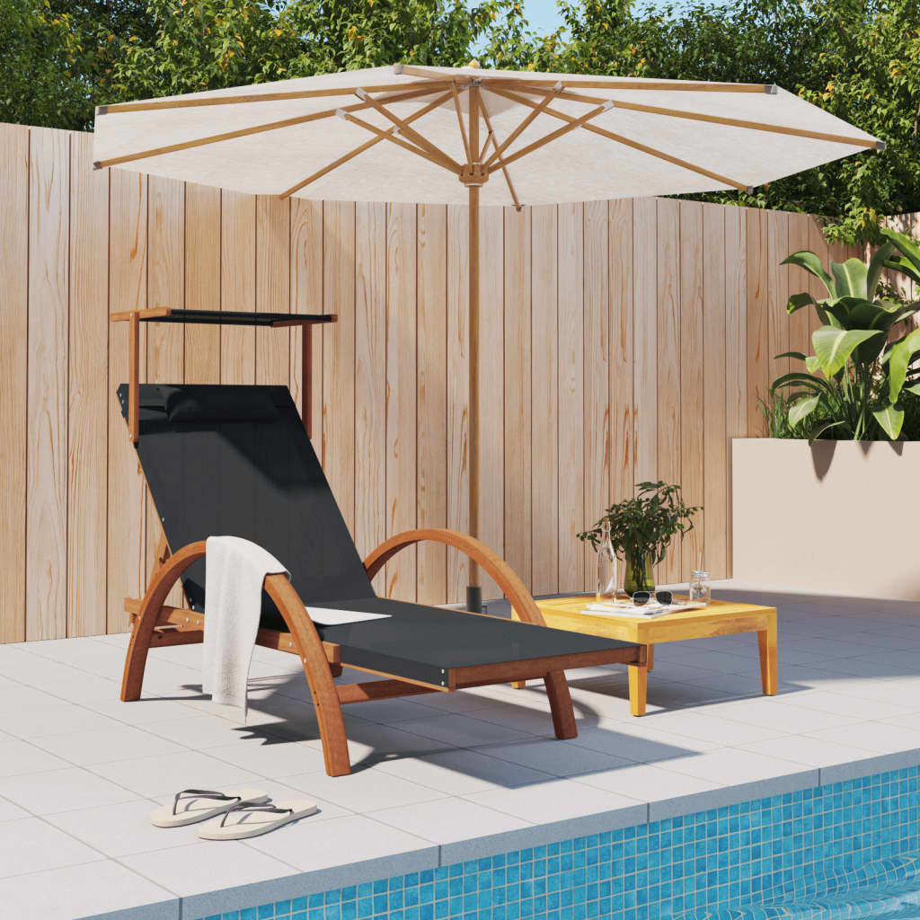 vidaXL Sun Lounger with Canopy Gray Textilene and Solid Wood Poplar