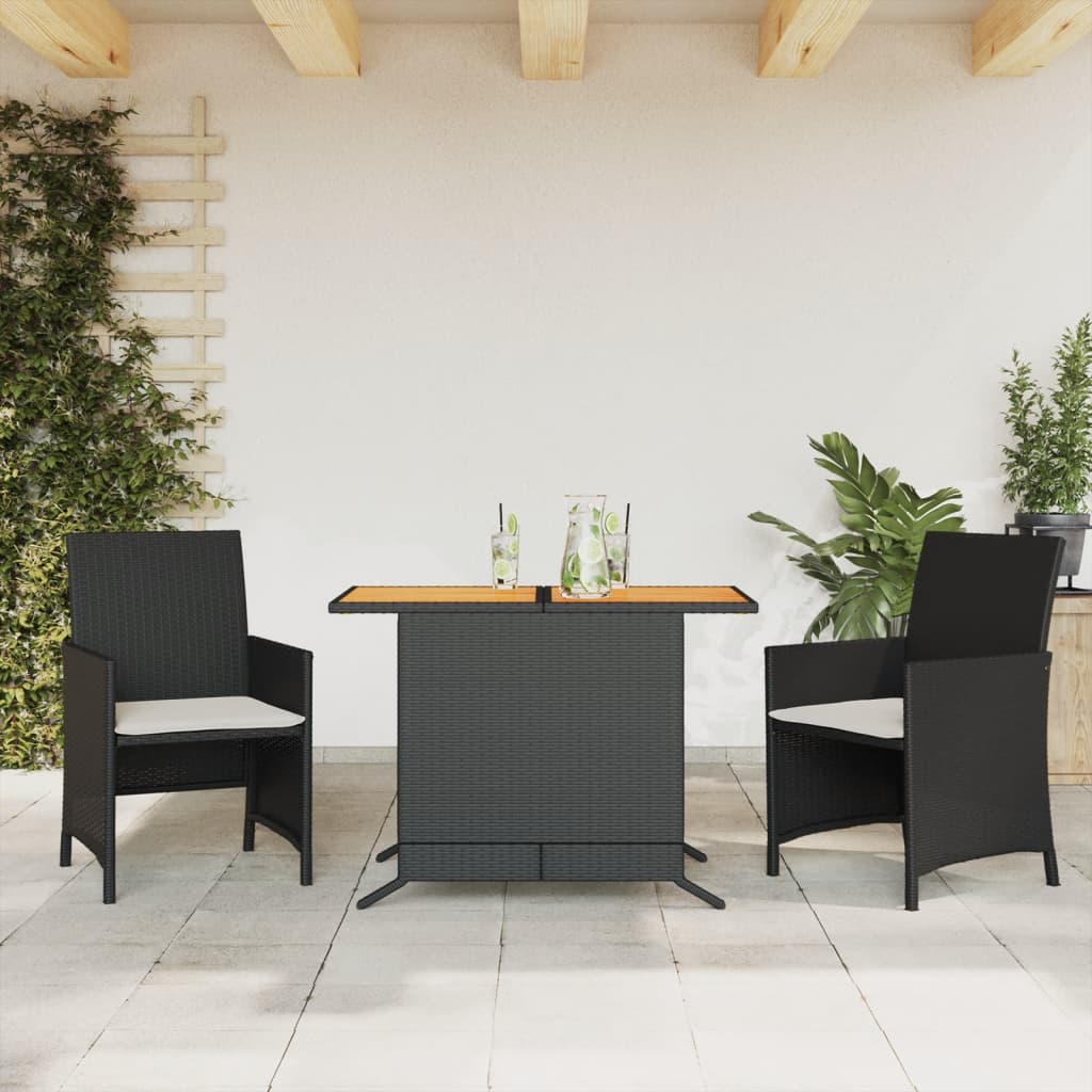 vidaXL 3 Piece Bistro Set with Cushions Black Poly Rattan