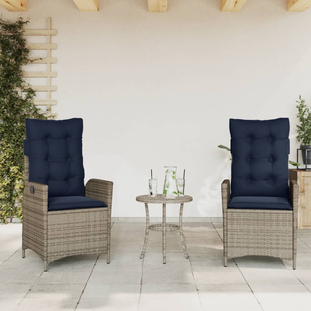 vidaXL Reclining Patio Chairs 2 pcs with Cushions Gray Poly Rattan