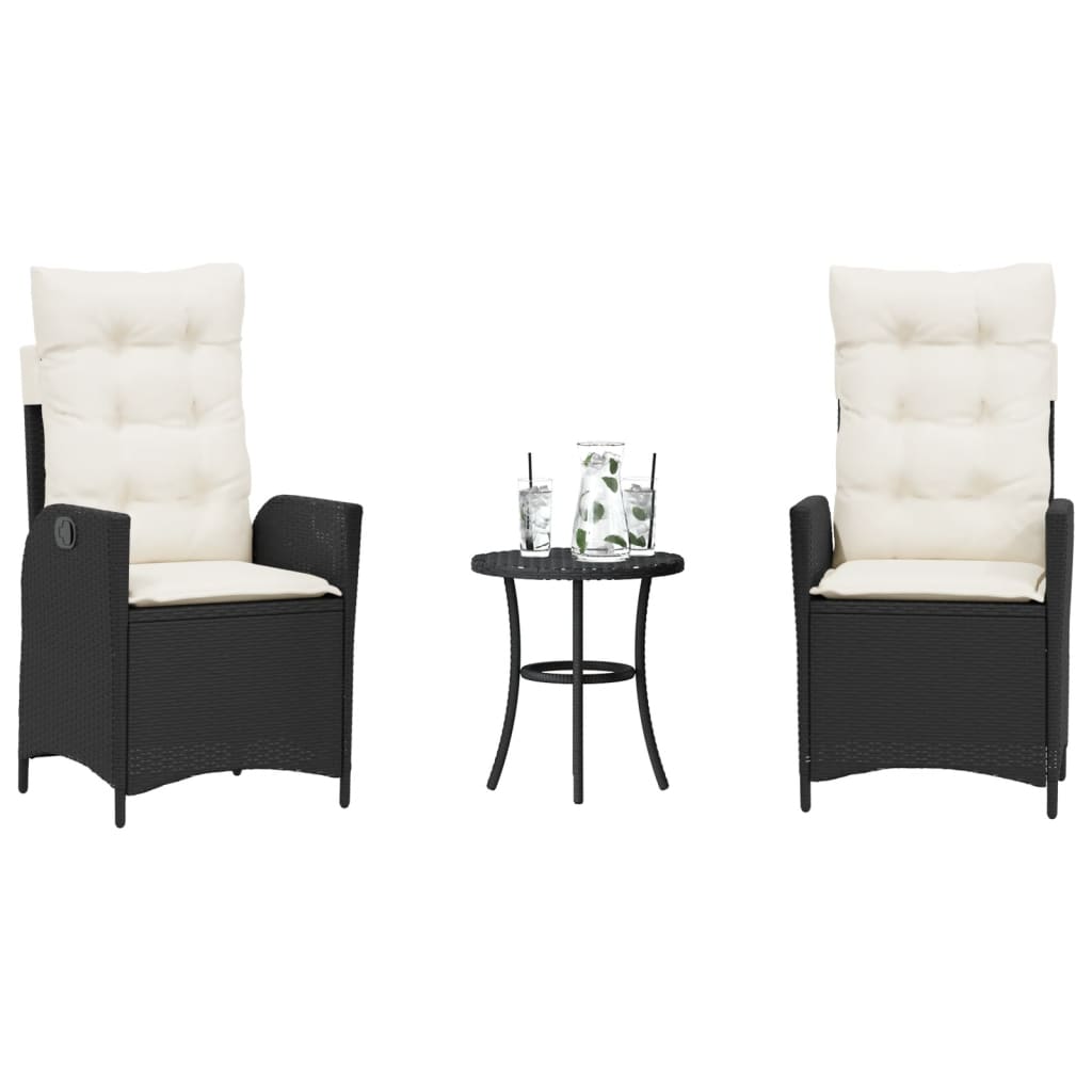 vidaXL 3 Piece Bistro Set with Cushions Black Poly Rattan