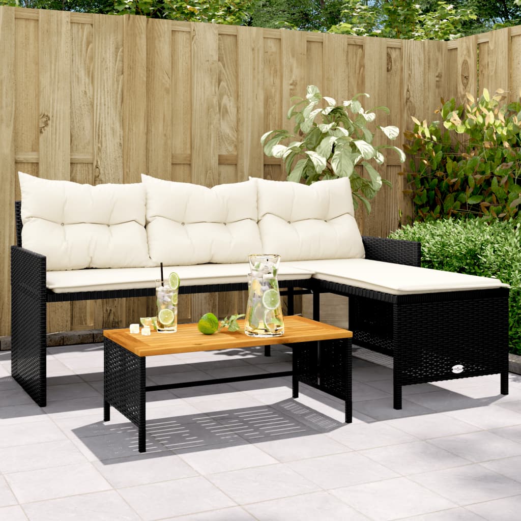 vidaXL Patio Sofa with Table and Cushions L-Shaped Black Poly Rattan