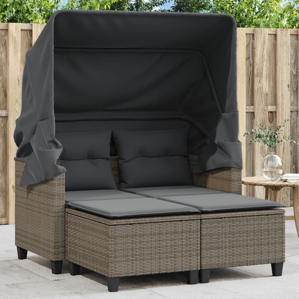 vidaXL Patio Sofa 2-Seater with Canopy and Stools Gray Poly Rattan