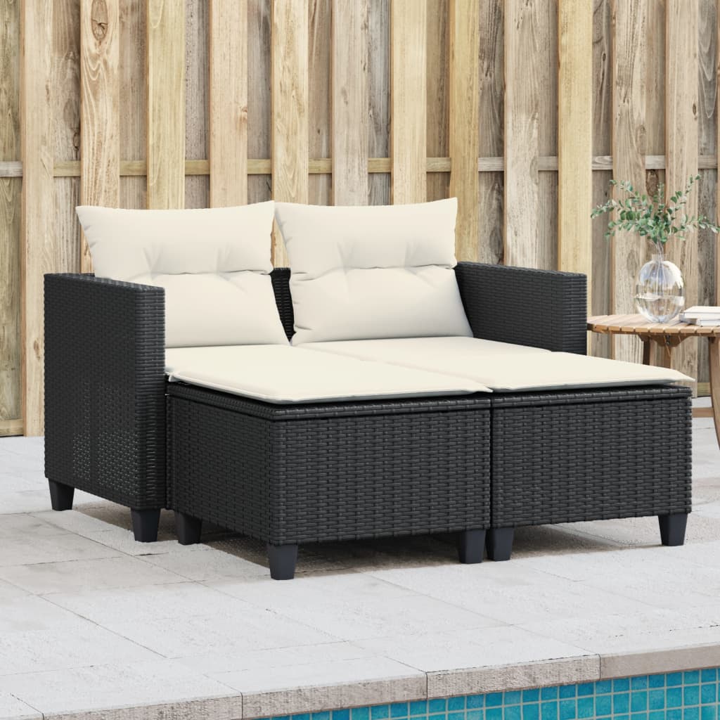 vidaXL Patio Sofa 2-Seater with Stools Black Poly Rattan