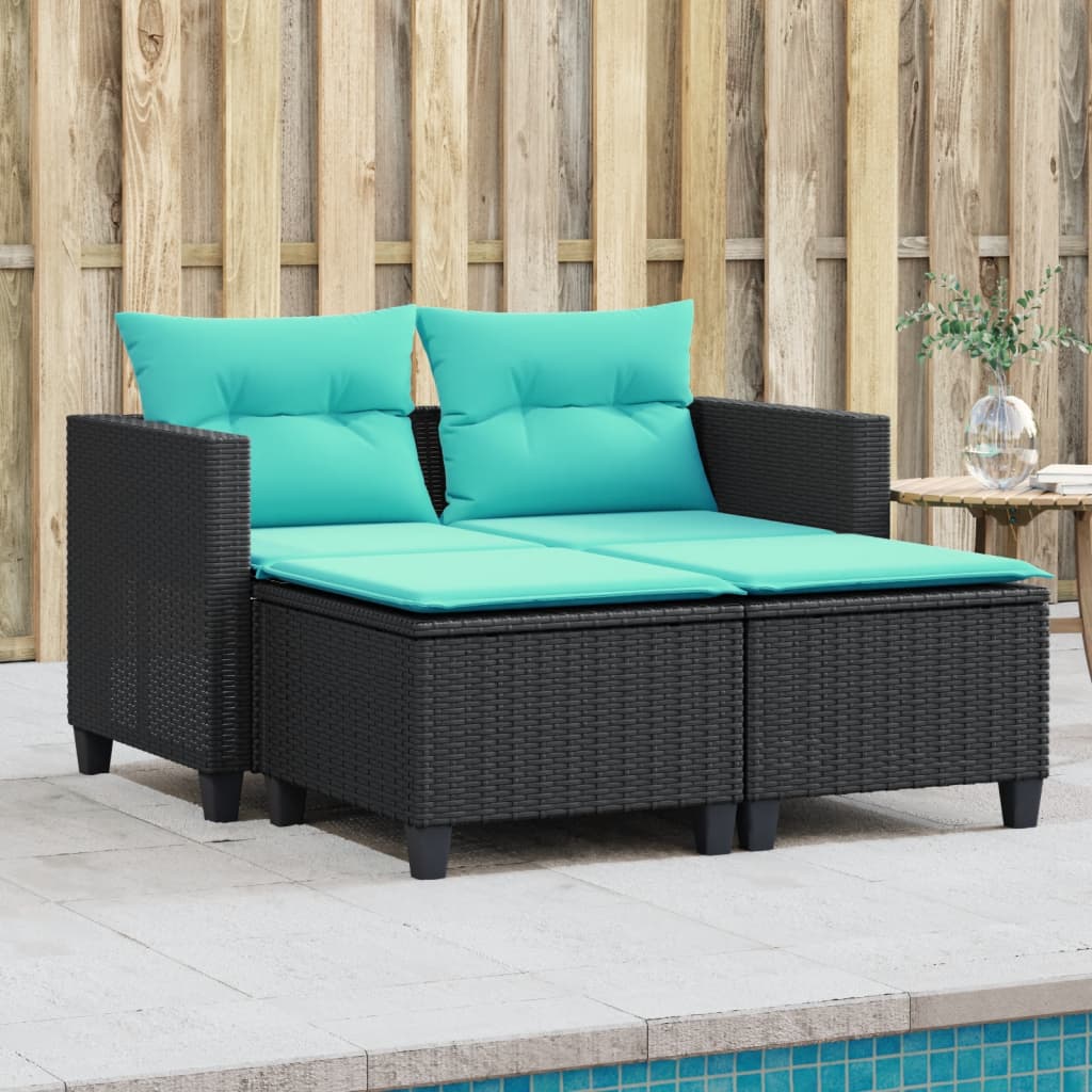 vidaXL Patio Sofa 2-Seater with Stools Black Poly Rattan