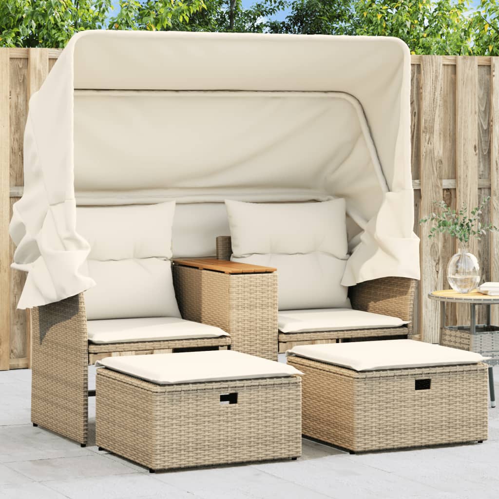 vidaXL Patio Sofa 2-Seater with Canopy and Stools Beige Poly Rattan