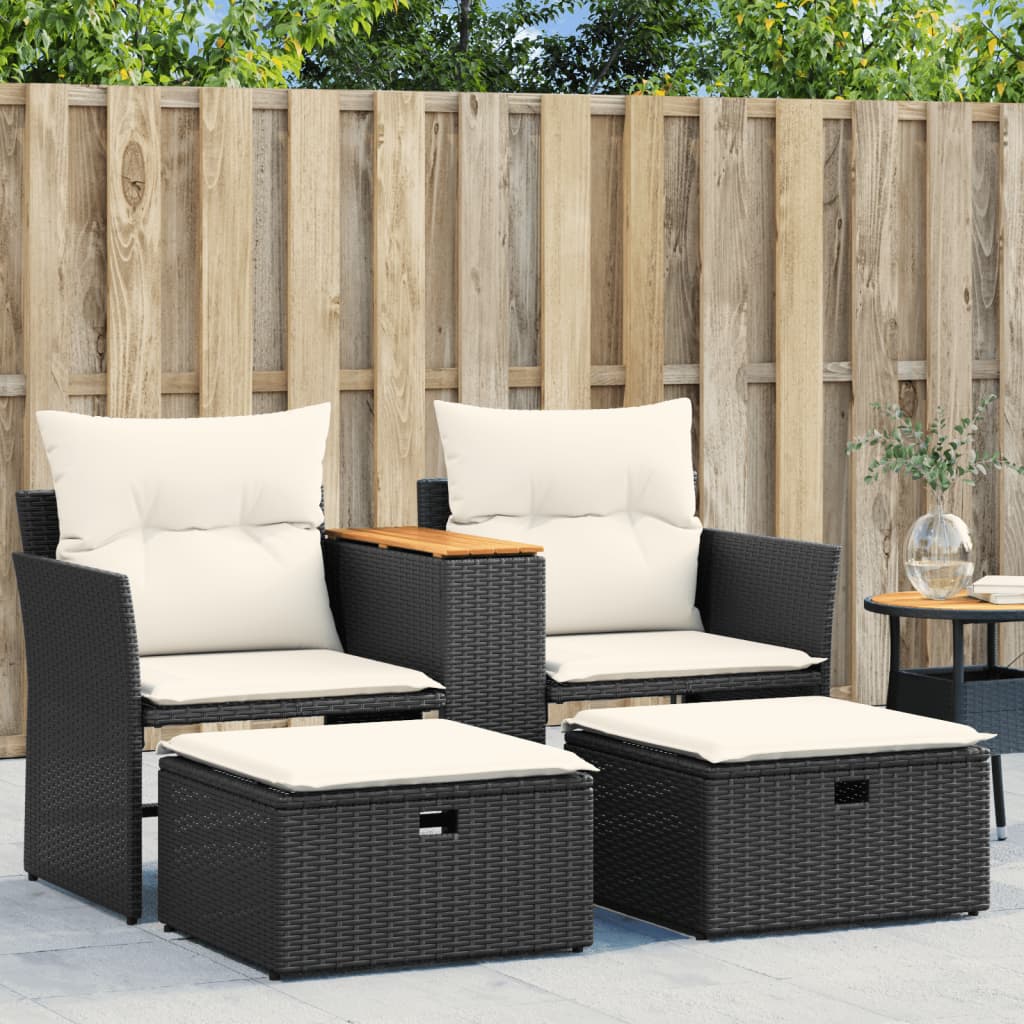 vidaXL Patio Sofa 2-Seater with Stools Black Poly Rattan