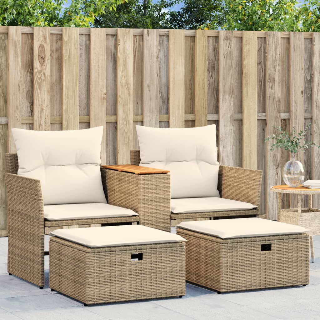 vidaXL Patio Sofa 2-Seater with Stools Beige Poly Rattan