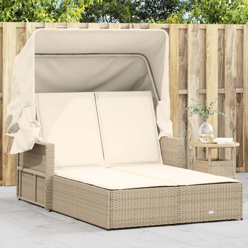 vidaXL Double Sun Lounger with Canopy and Cushions Beige Poly Rattan