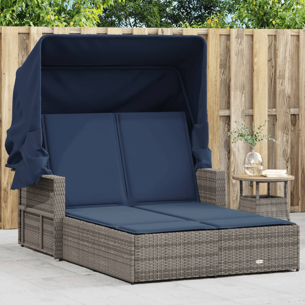 vidaXL Double Sun Lounger with Canopy and Cushions Gray Poly Rattan