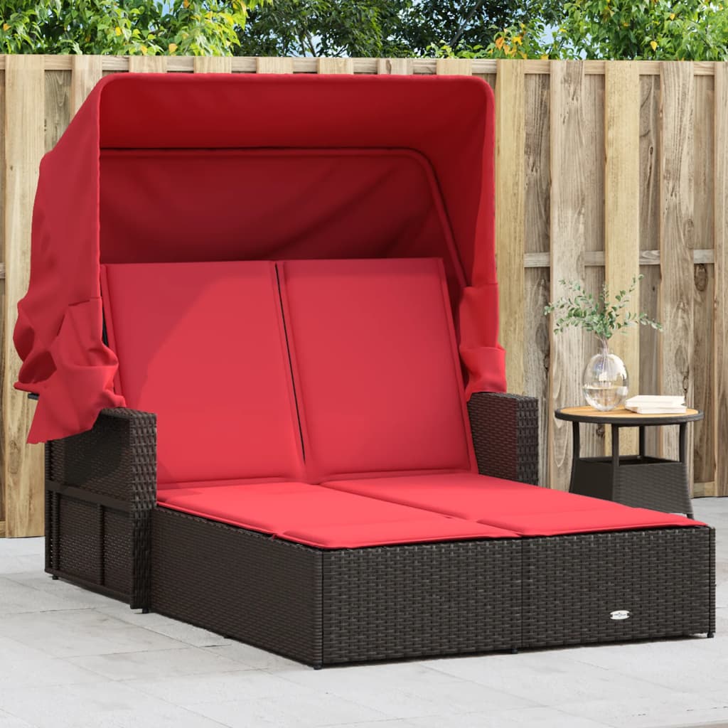 vidaXL Double Sun Lounger with Canopy and Cushions Brown Poly Rattan