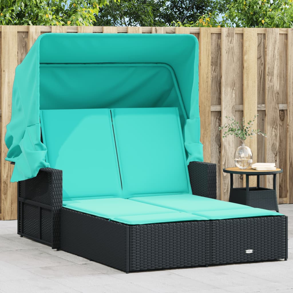 vidaXL Double Sun Lounger with Canopy and Cushions Black Poly Rattan