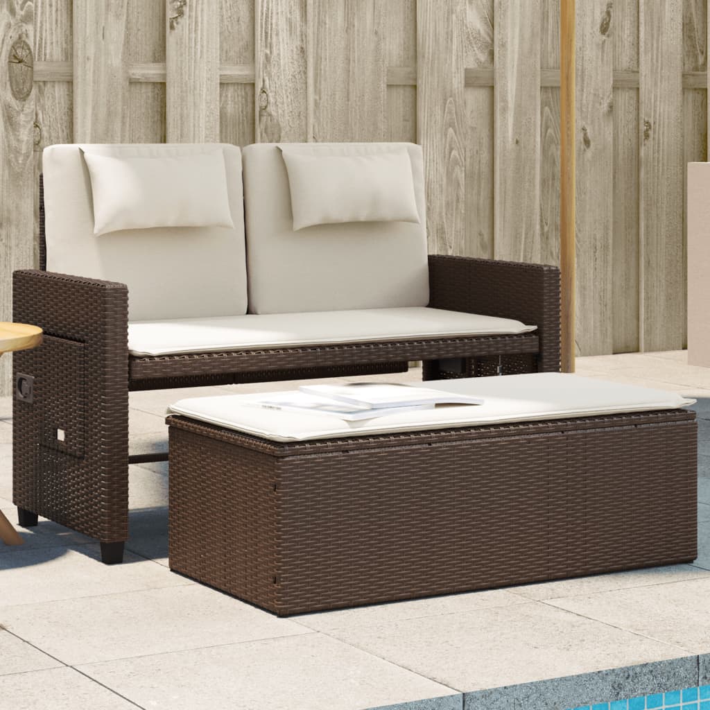 vidaXL Reclining Patio Bench with Cushions Brown Poly Rattan