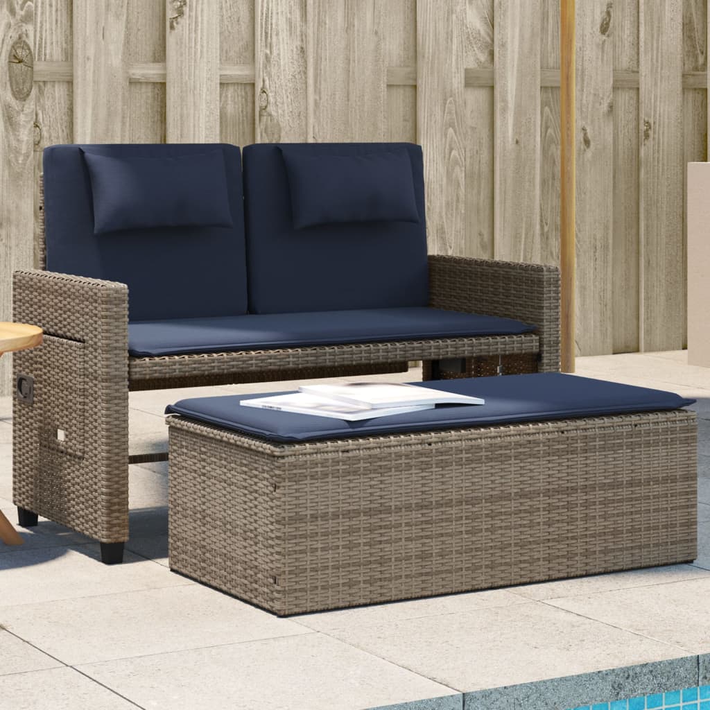 vidaXL Reclining Patio Bench with Cushions Gray Poly Rattan