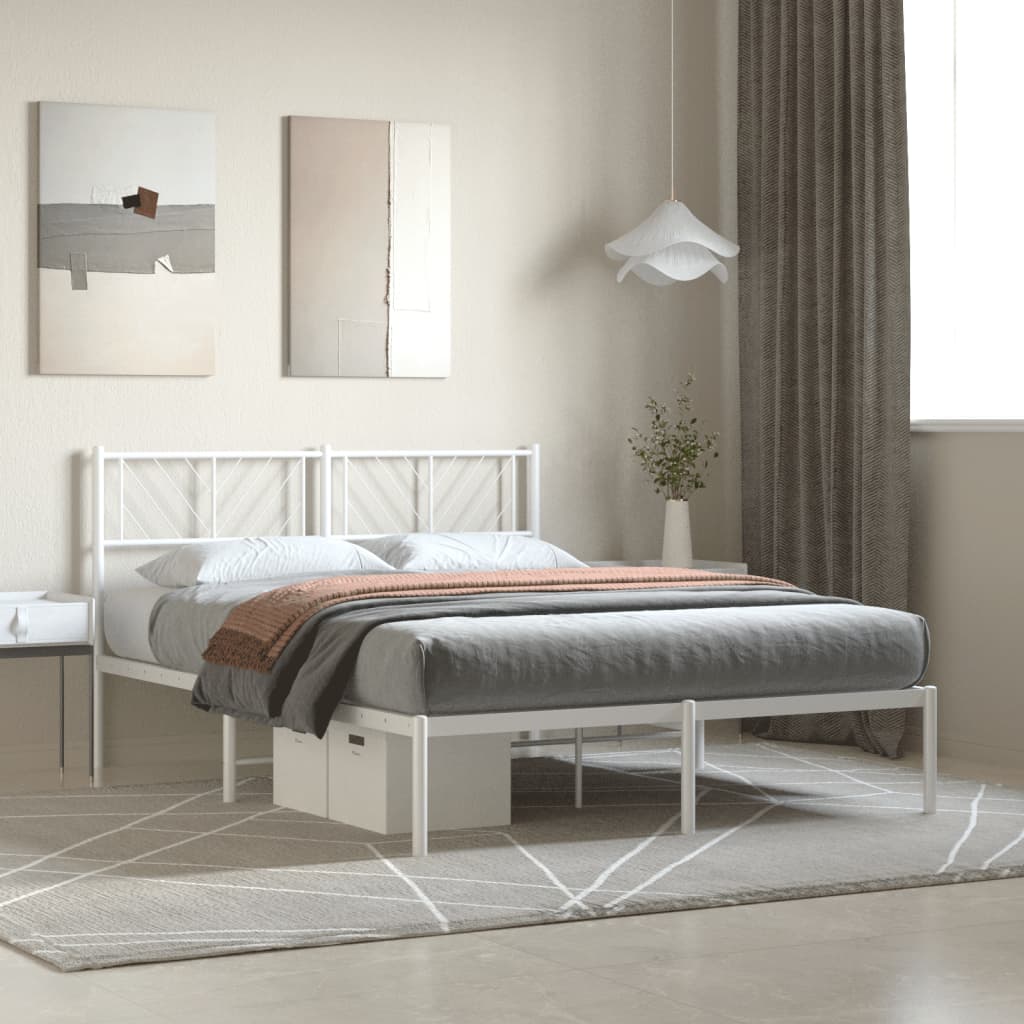 vidaXL Metal Bed Frame with Headboard White 53.1"x74.8"