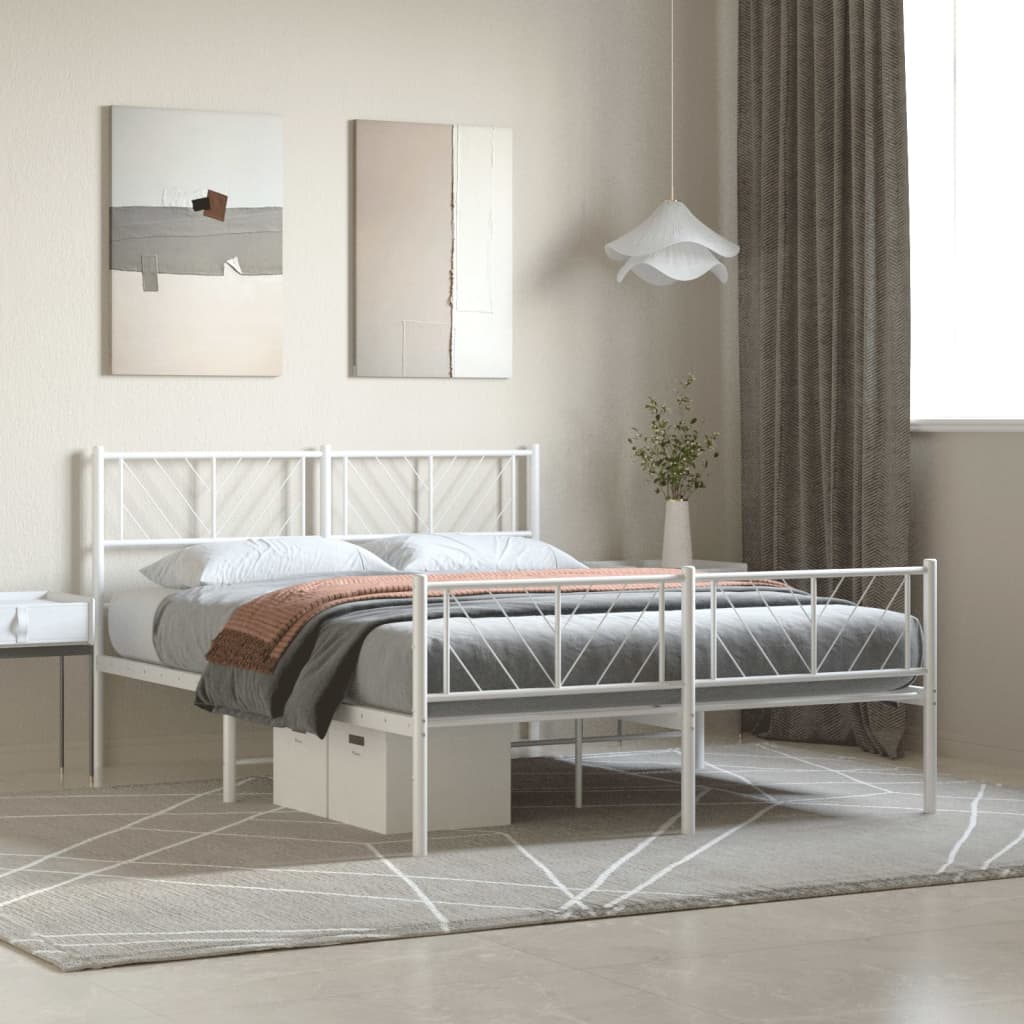 vidaXL Metal Bed Frame with Headboard and Footboard White 53.1"x74.8"