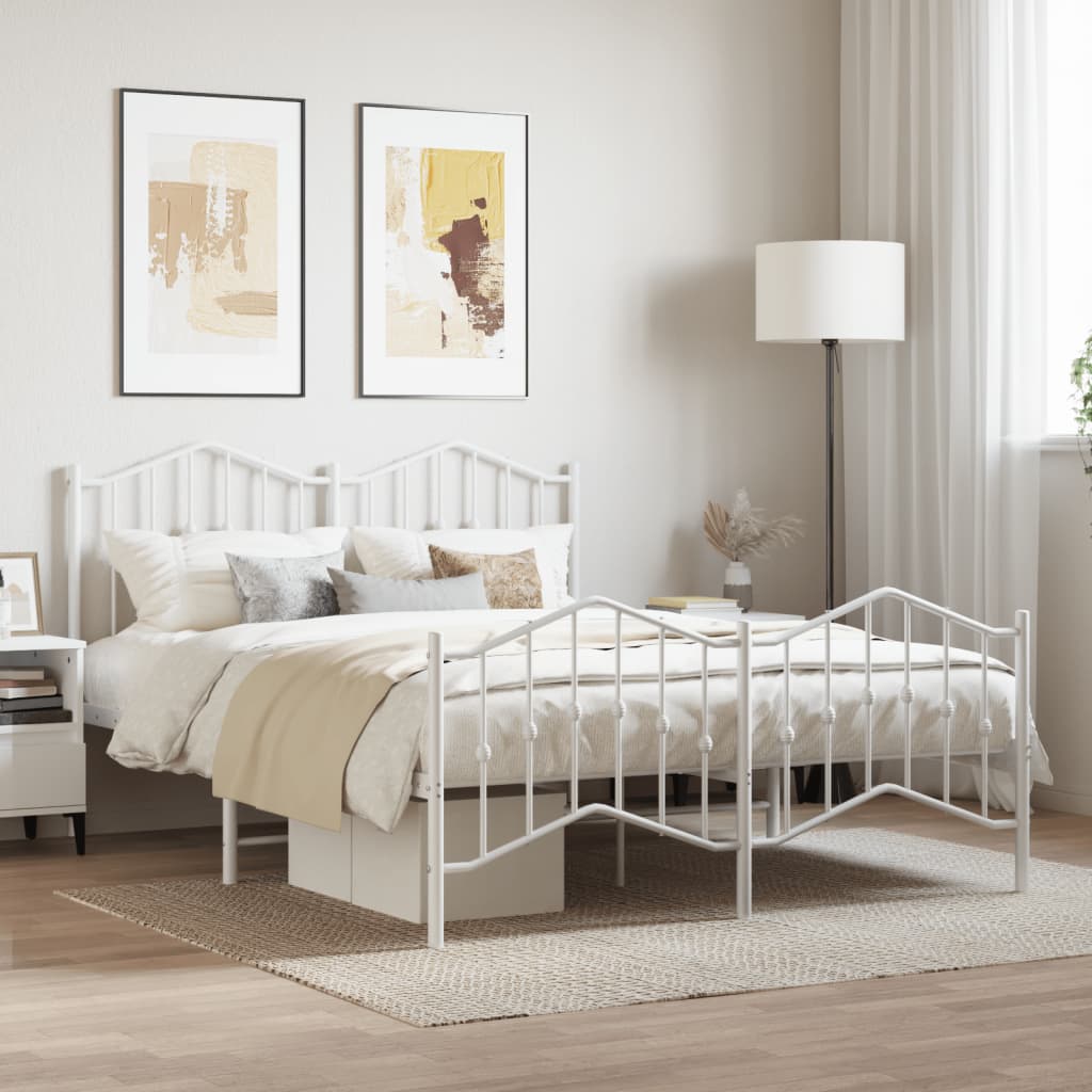 vidaXL Metal Bed Frame with Headboard and FootboardWhite 53.1"x74.8"