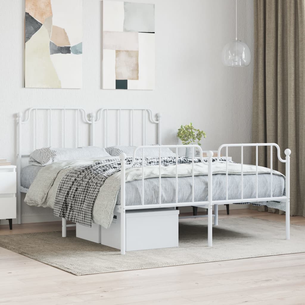 vidaXL Metal Bed Frame with Headboard and FootboardWhite 53.1"x74.8"