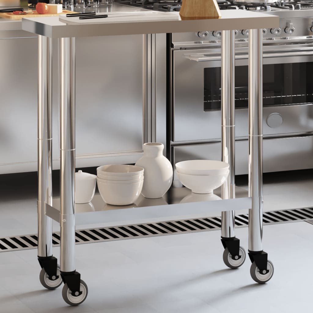 vidaXL Kitchen Work Table with Wheels 32.5"x11.8"x33.5" Stainless Steel
