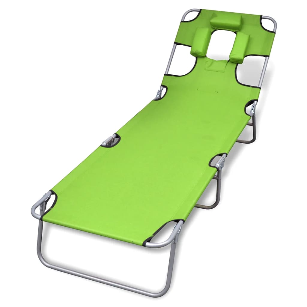 vidaXL Folding Sun Lounger with Head Cushion Powder-coated Steel Green