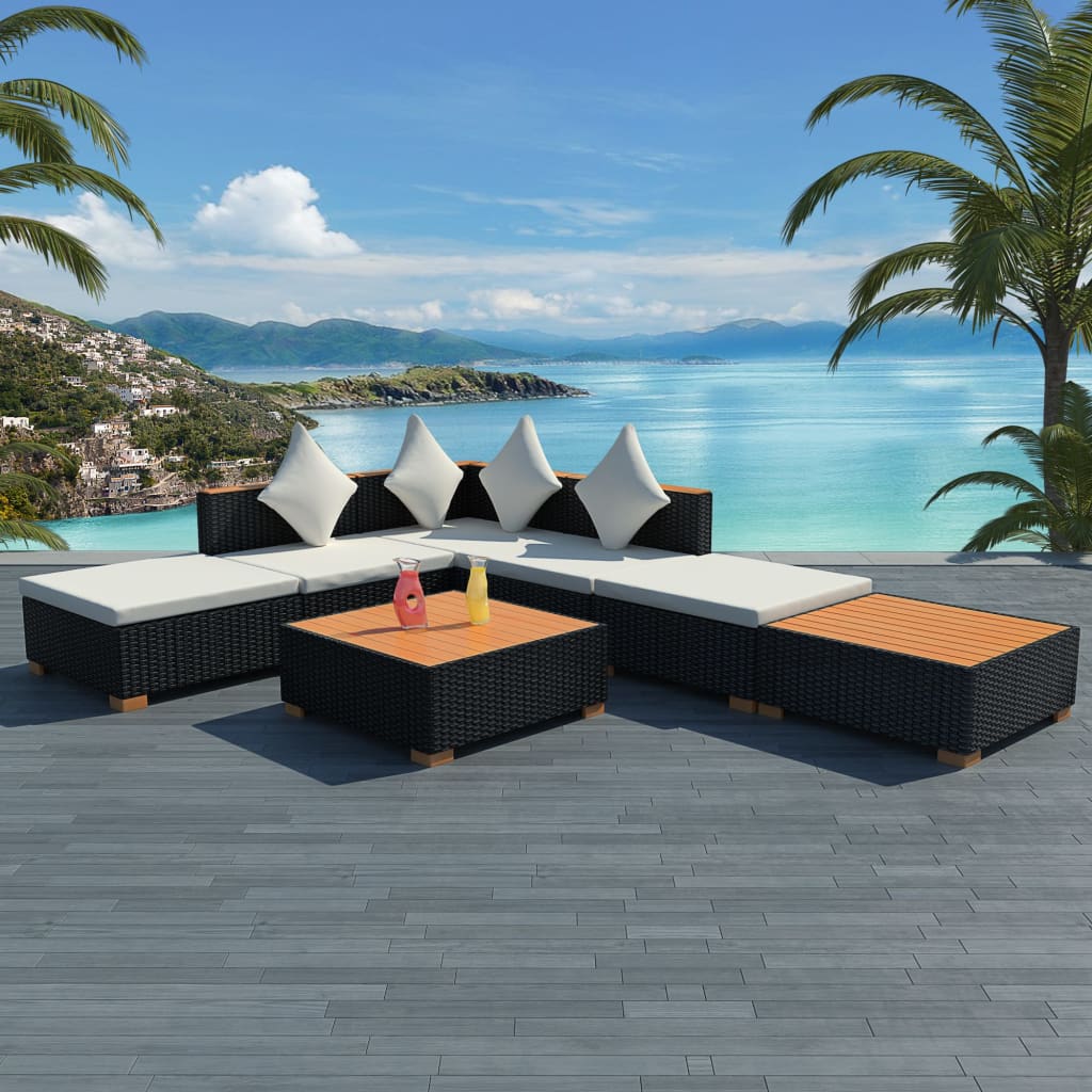 vidaXL 7 Piece Patio Lounge Set with Cushions Poly Rattan Black