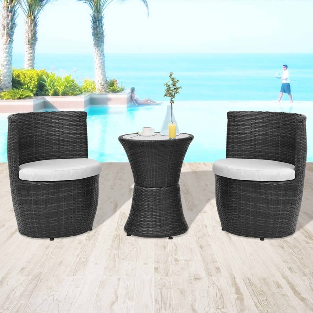 vidaXL 3 Piece Bistro Set with Cushions Poly Rattan Black