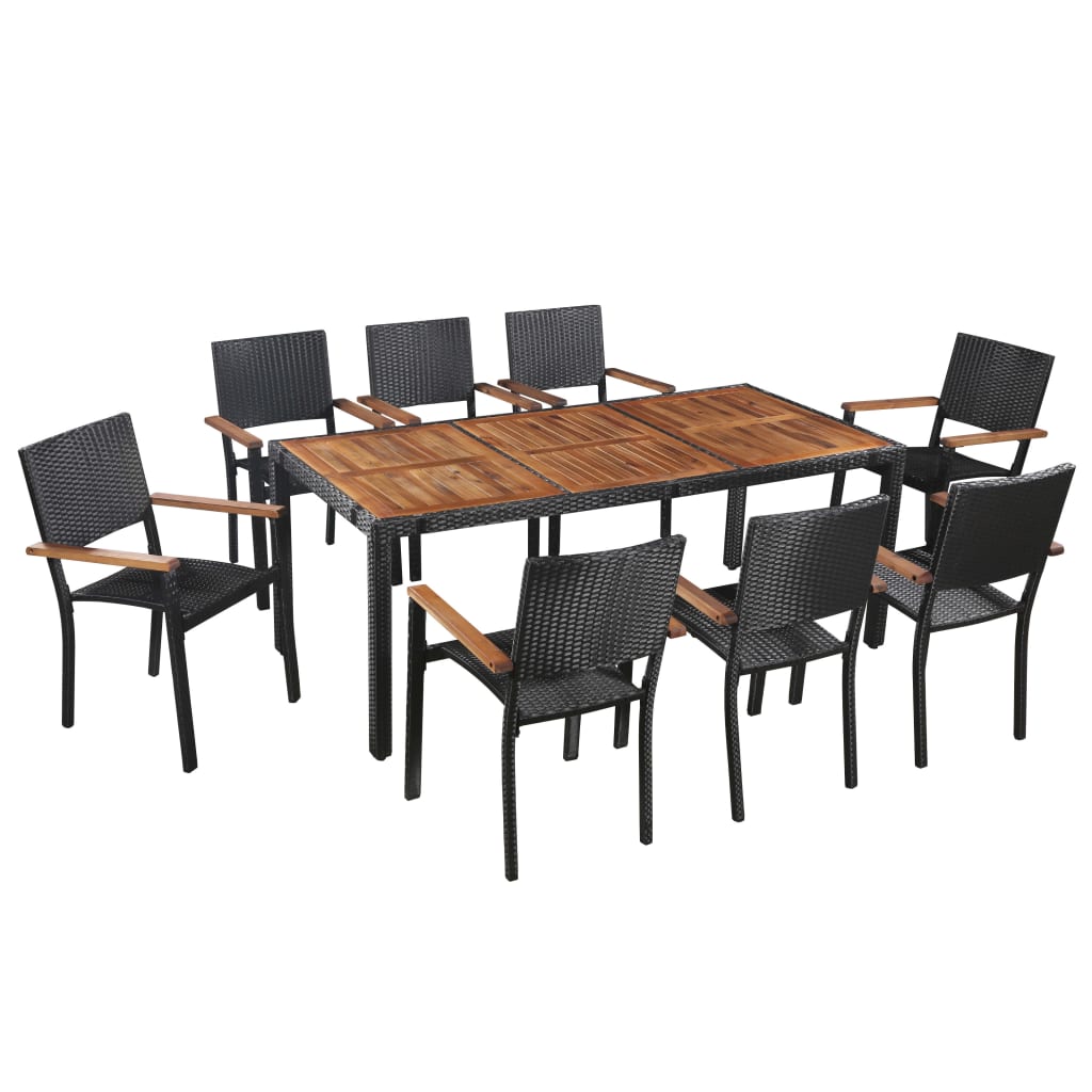 vidaXL 9 Piece Patio Dining Set Poly Rattan and Acacia Wood Black