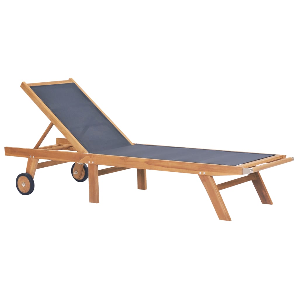 vidaXL Folding Sun Lounger with Wheels Solid Teak and Textilene