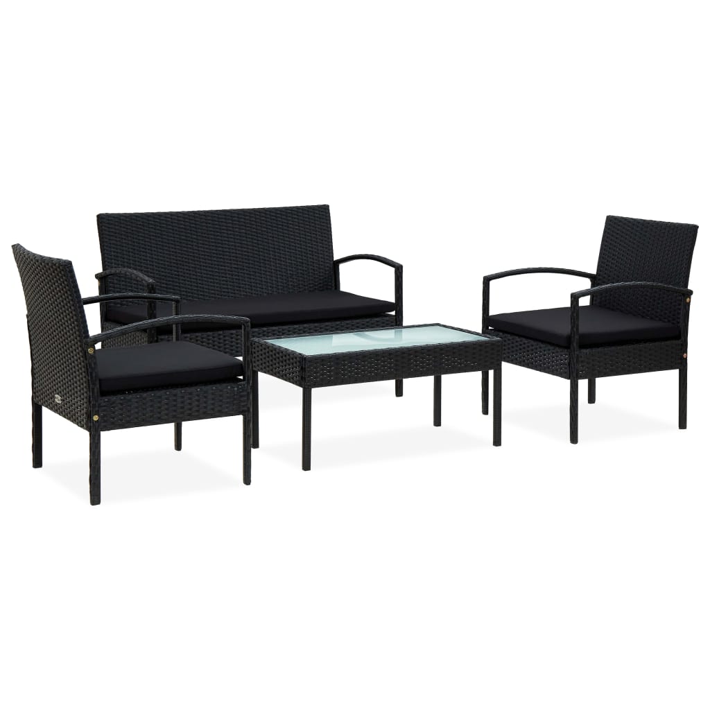 vidaXL 4 Piece Patio Lounge Set with Cushions Poly Rattan Black