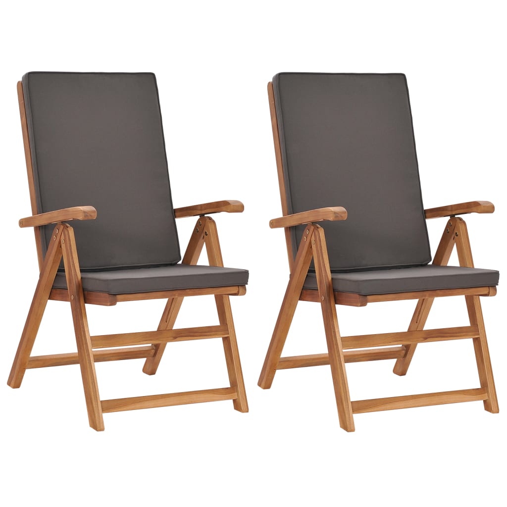 vidaXL Reclining Patio Chairs with Cushions 2 pcs Solid Teak Wood Gray