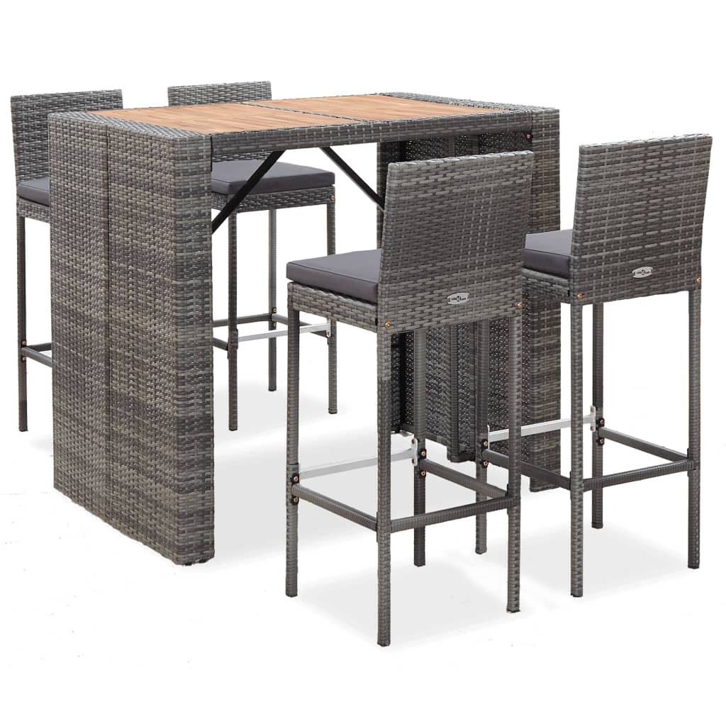 vidaXL 5 Piece Patio Bar Set Poly Rattan and Acacia Wood Gray