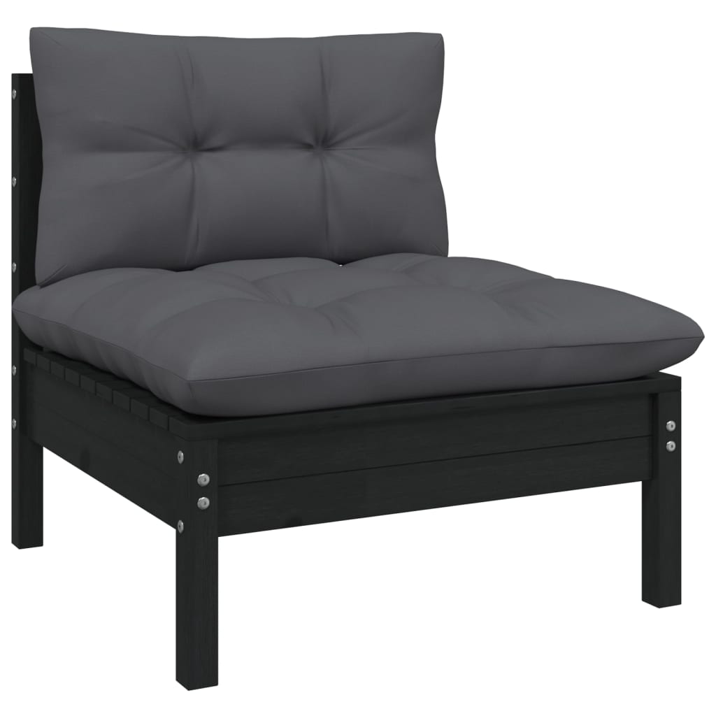 vidaXL Patio Middle Sofa with Cushions Black Solid Pinewood