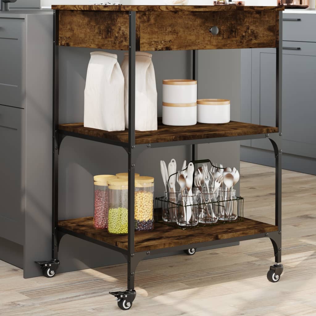 vidaXL Kitchen Trolley Smoked Oak 23.6"x18.9"x35.2" Engineered Wood