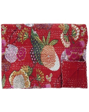 Hand Stitched Kantha Quilt / Coverlet - Cherry