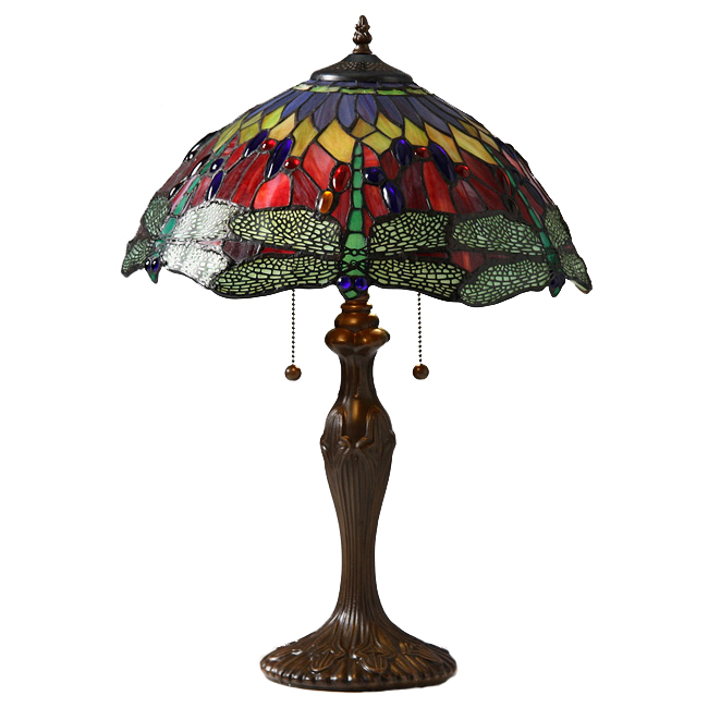Tiffany Style Dragonfly Table Lamp, Red and Blue 27"