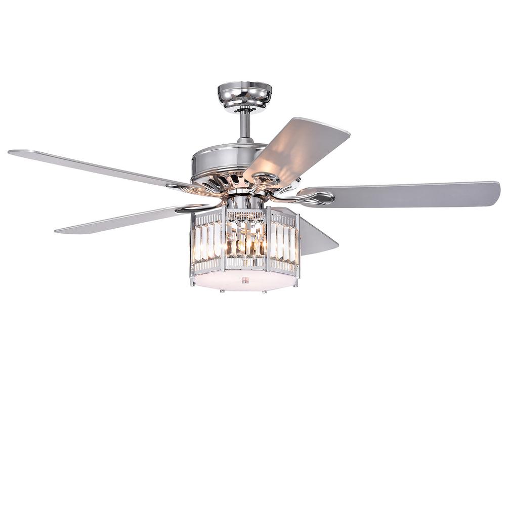 Valens Chrome 52-Inch 5-Blade Lighted Ceiling Fan with Octogon Shade (Incl. Remote & 2 Color Option Fan Blades)