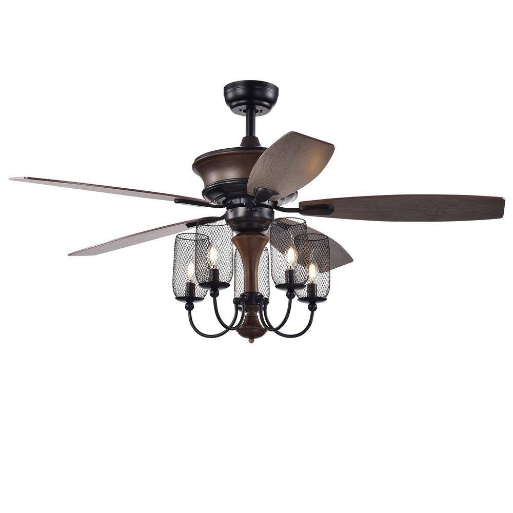 Slatin 52-inch 5-light Lighted Ceiling Fan with Mesh Shade Candelabra Chandelier (incl. Remote & 2 Color Option Fan Blades)