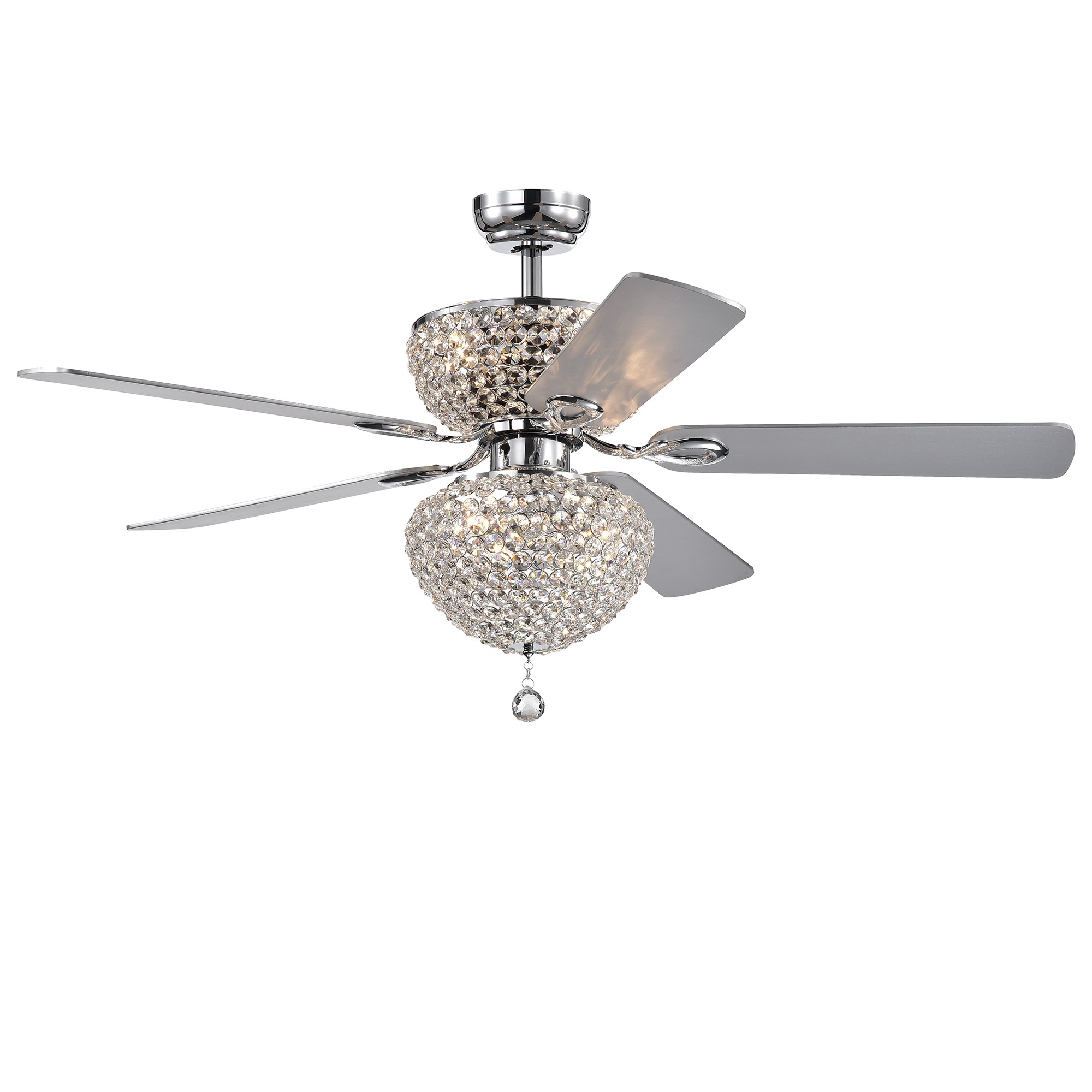 Swarana Chrome Dual Lighted Ceiling Fan with Crystal Shades (incl. Remote & 2 Color Option Blades)